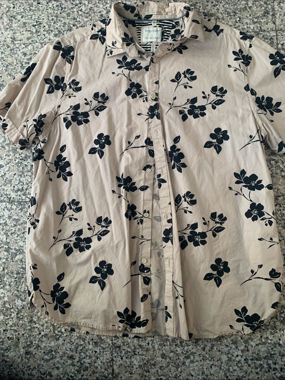 Tan Short-Sleeve Button-Up Shirt with Black Floral Print